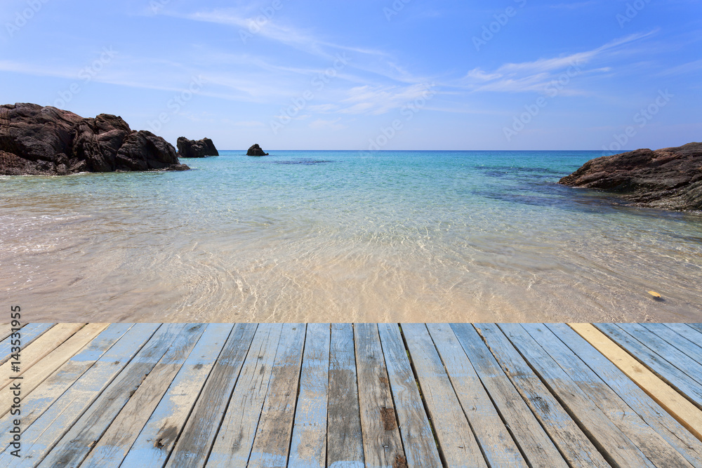 wood floor on sea surface summer wave background, landscape with clouds on horizon,beautiful natural