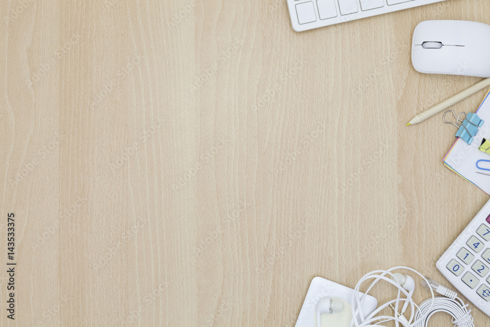 Office desk wood table of Business workplace and business objects.