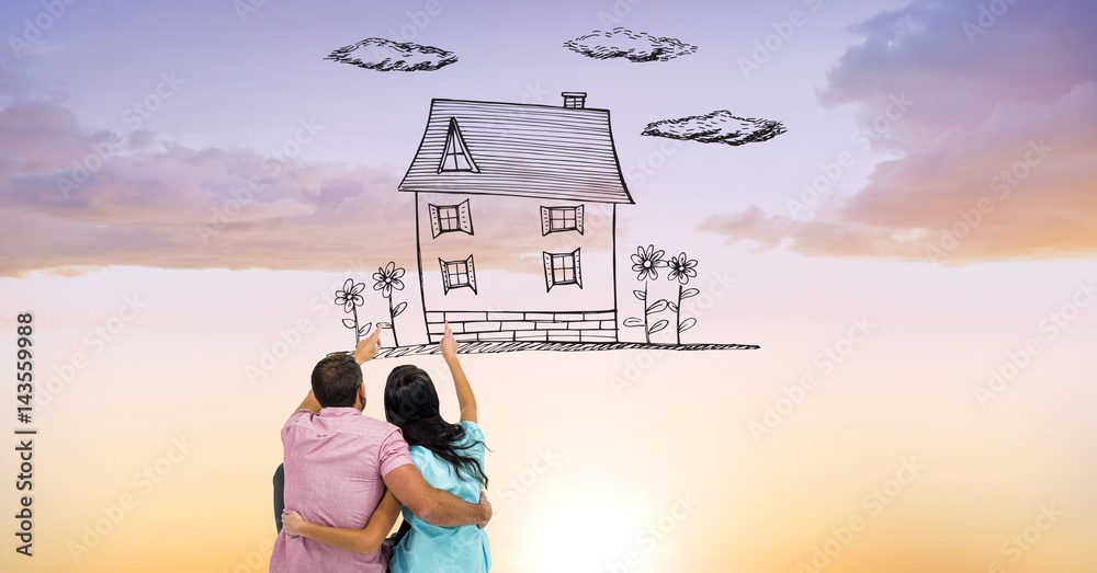 Digital composite image of couple pointing at dream house