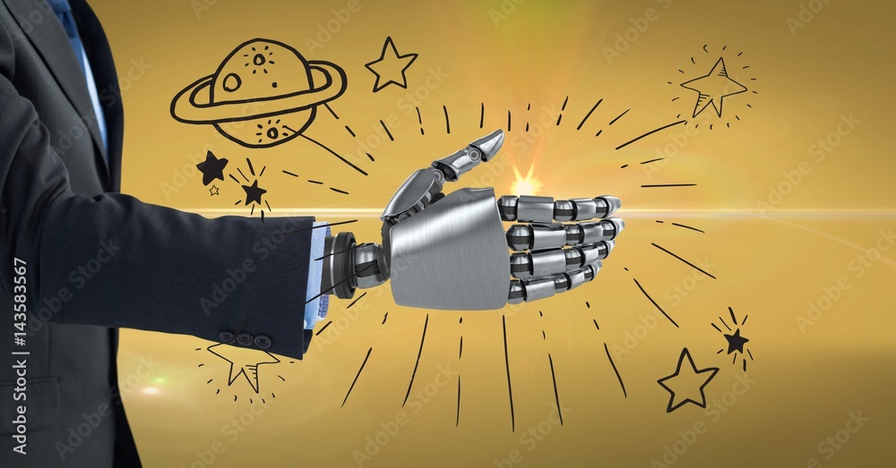 3d image of businessman with robotic hand against symbols