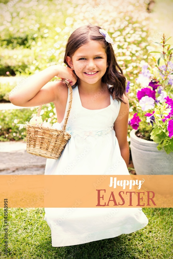 Composite image of happy girl collecting easter eggs 