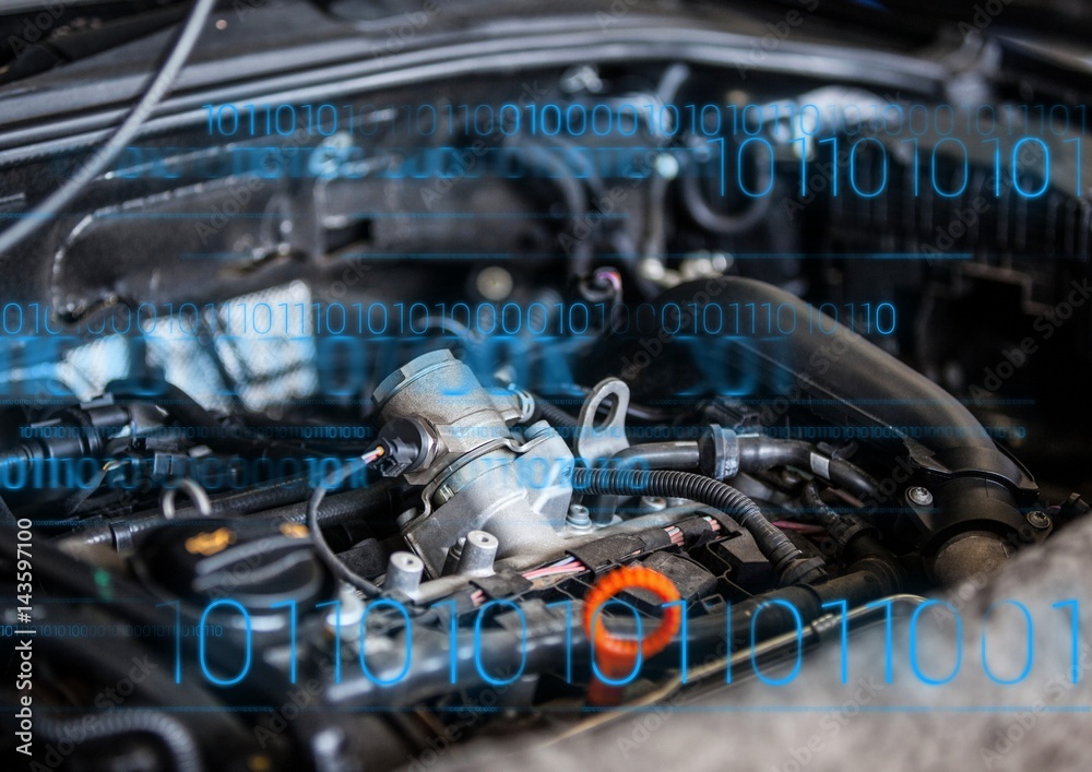 Car engine with blue binary code