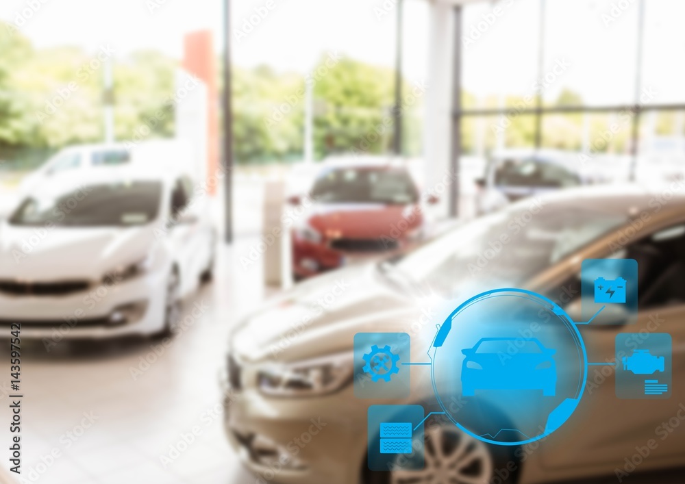 Cars on display with blue interface and flare