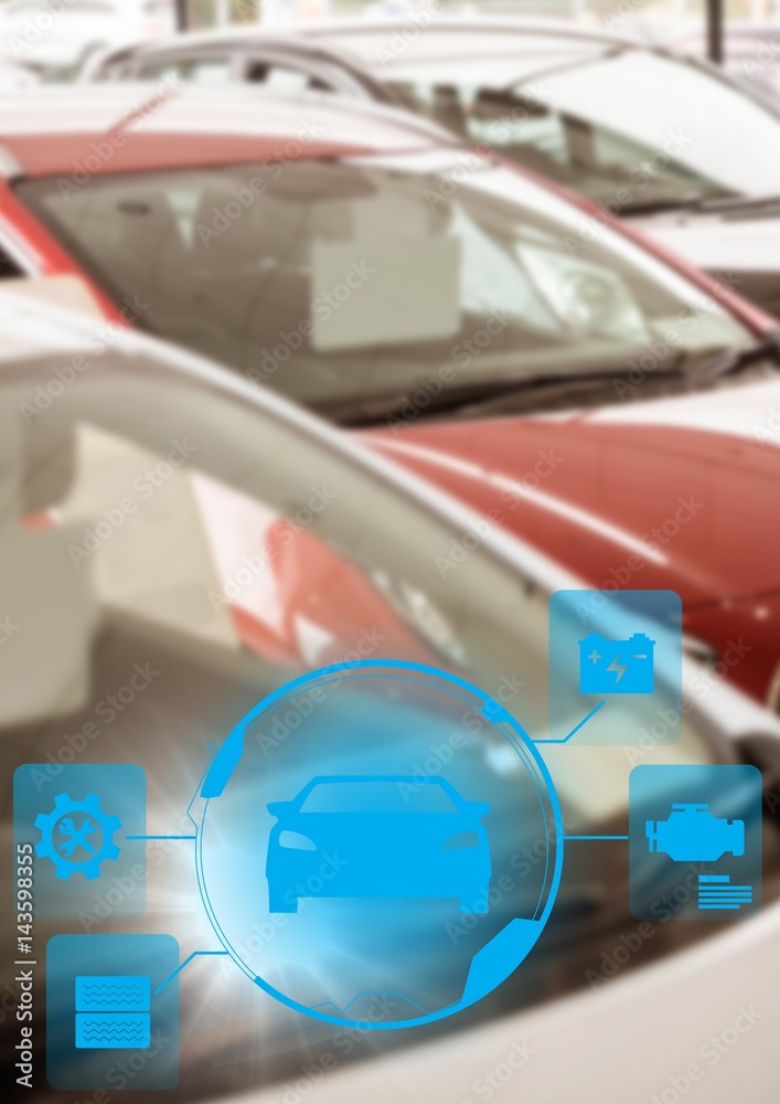 Cars in carpark with blue interface