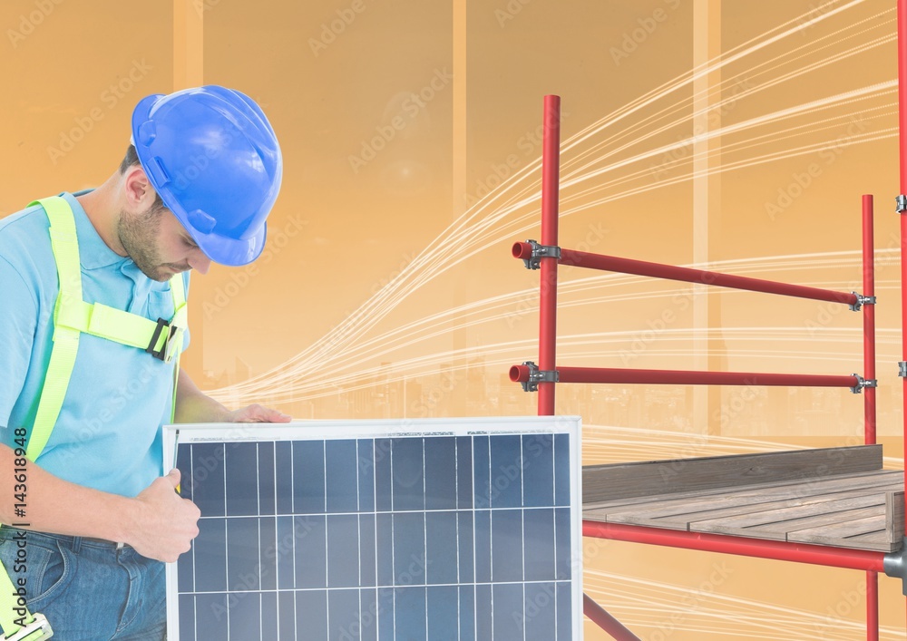 builder working in a solar panel beside  3D scaffolding