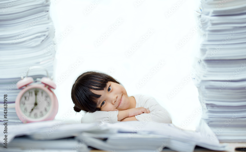 Happy little girl and early education. little kids doing his homework for fun and learning  on white