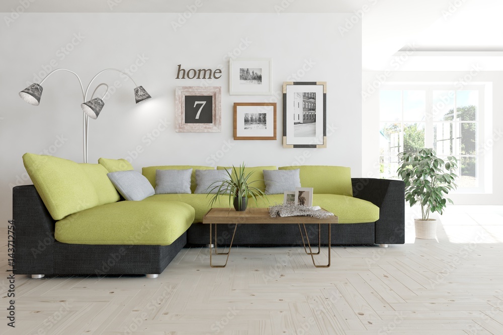 White room with sofa and green landscape in window. Scandinavian interior design. 3D illustration