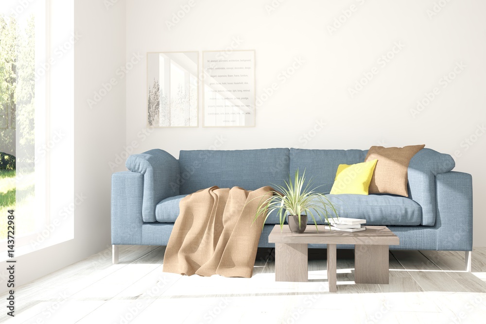 White room with sofa and green landscape in window. Scandinavian interior design. 3D illustration