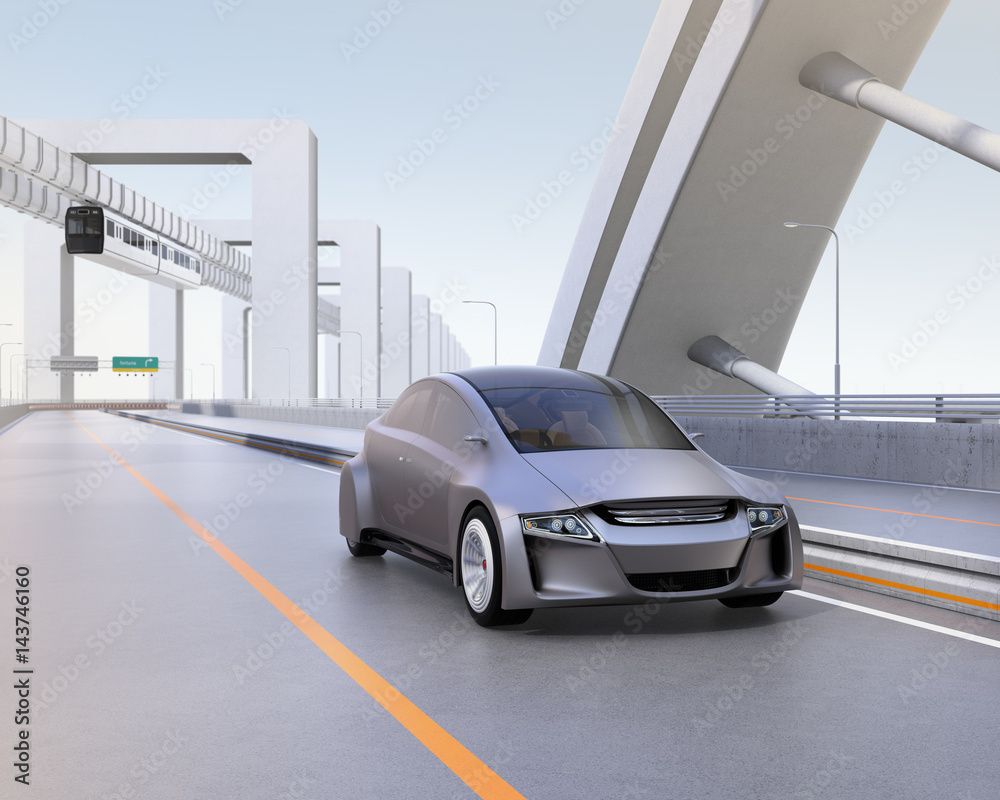 Silver autonomous car driving on the highway with monorail on background. 3D rendering image. 