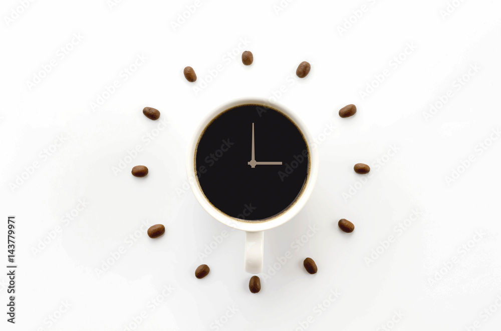 Coffee cup on saucer and coffee beans against white background forming clock dial. offee as symbol o