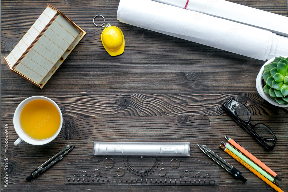 Architects workplace with tools on wooden background top view mockup