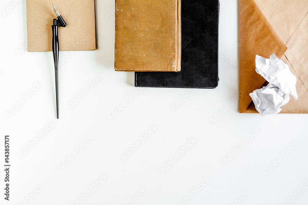 Writer workplace with tools on white background top view mock up