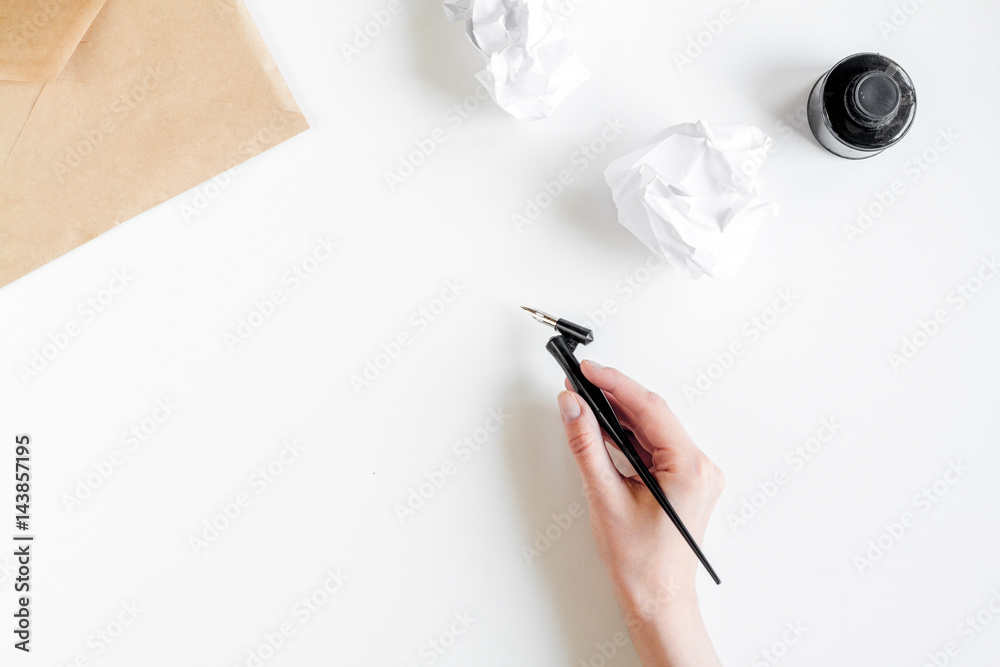 Writer workplace with tools on white background top view mock up