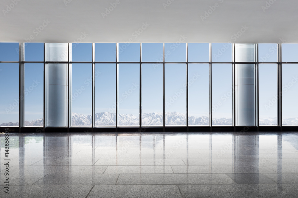 empty office with white snow mountains