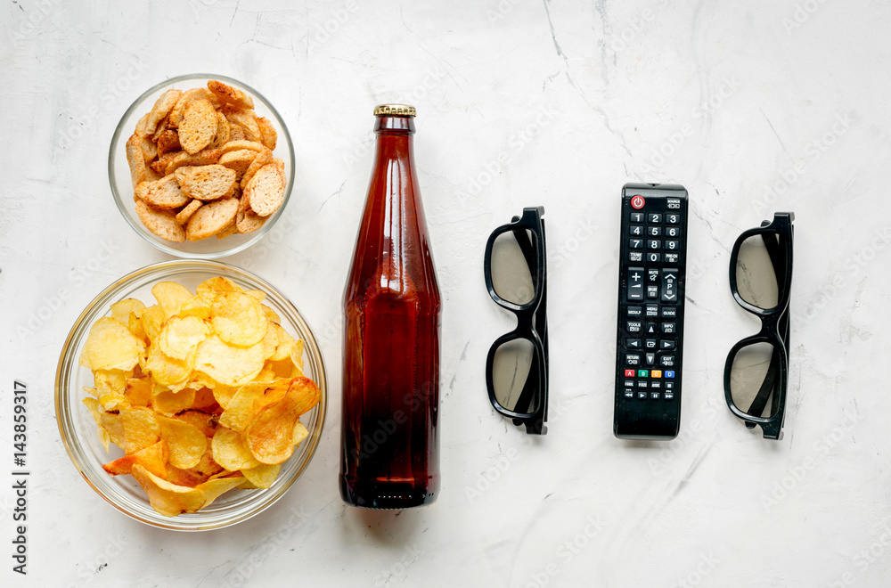 snacks for watching TV on white background top view mock-up