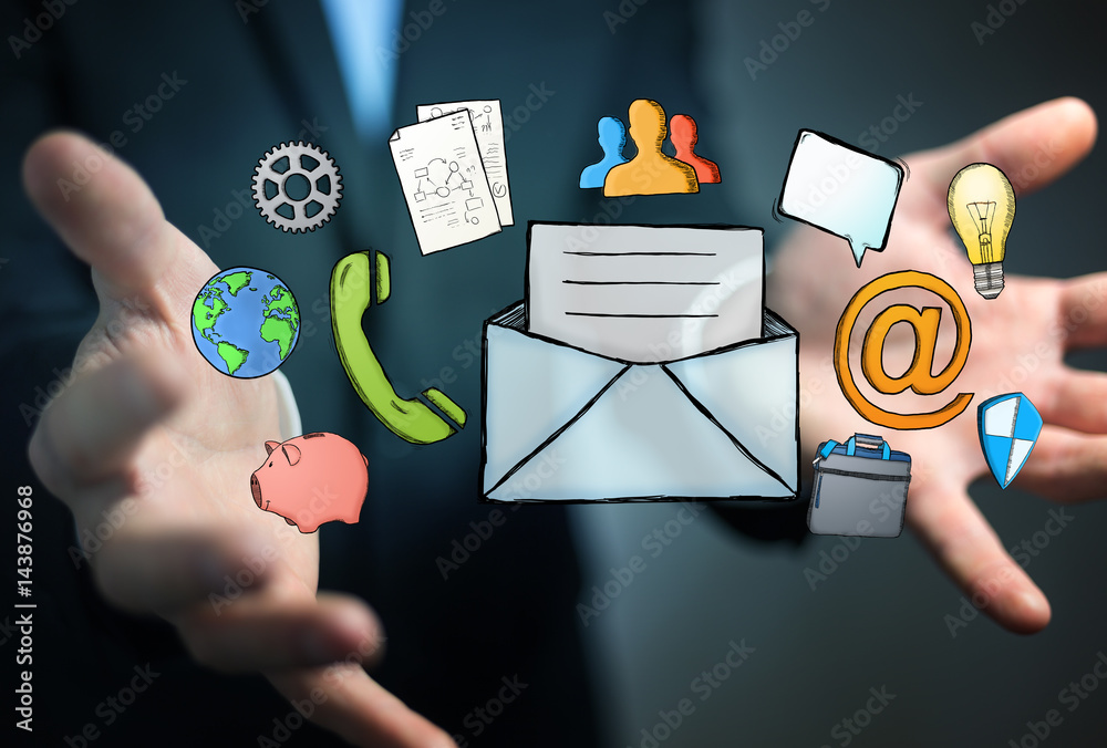 Businessman holding manuscript contact icon in his hand