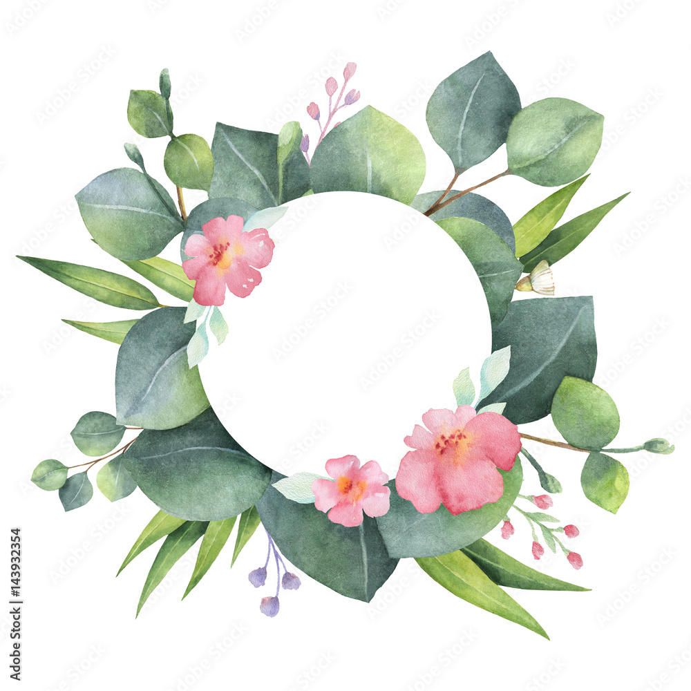 Watercolor round wreath with eucalyptus leaves and branches.