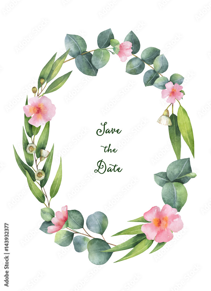 Watercolor oval wreath with green eucalyptus leaves and branches.