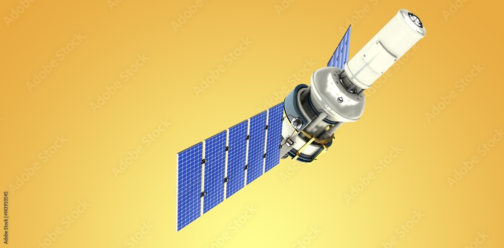 Composite image of low angle view of 3d modern solar satellite