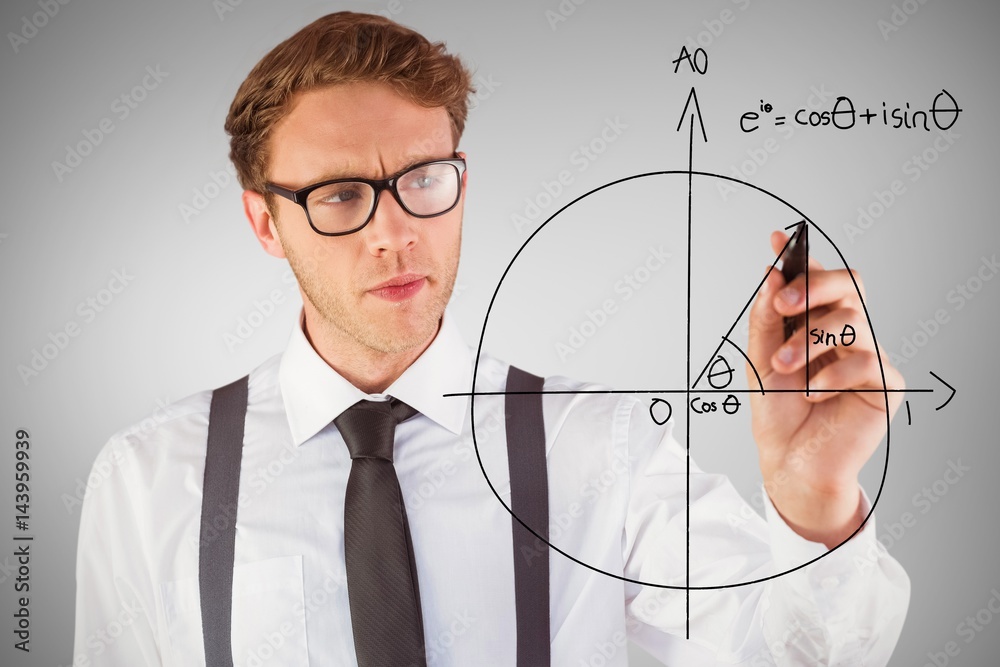 Composite image of geeky businessman writing with marker