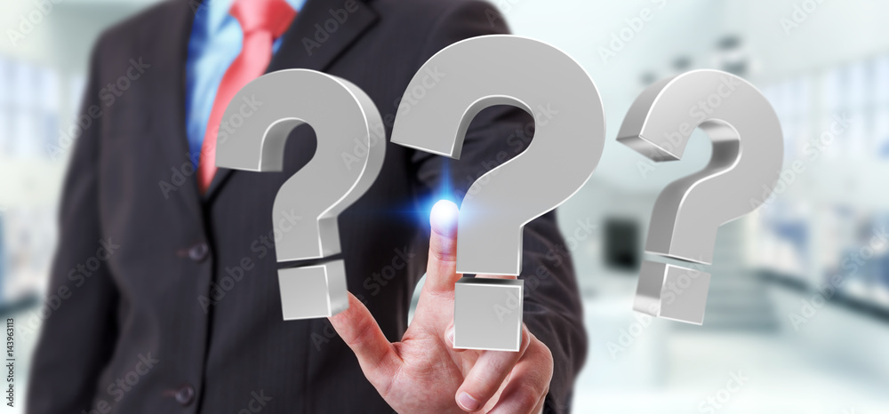 Businessman using 3D rendering question marks