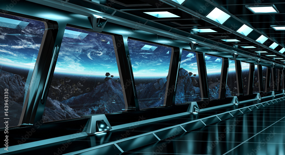 Spaceship corridor with view on the planet Earth 3D rendering elements of this image furnished by NA