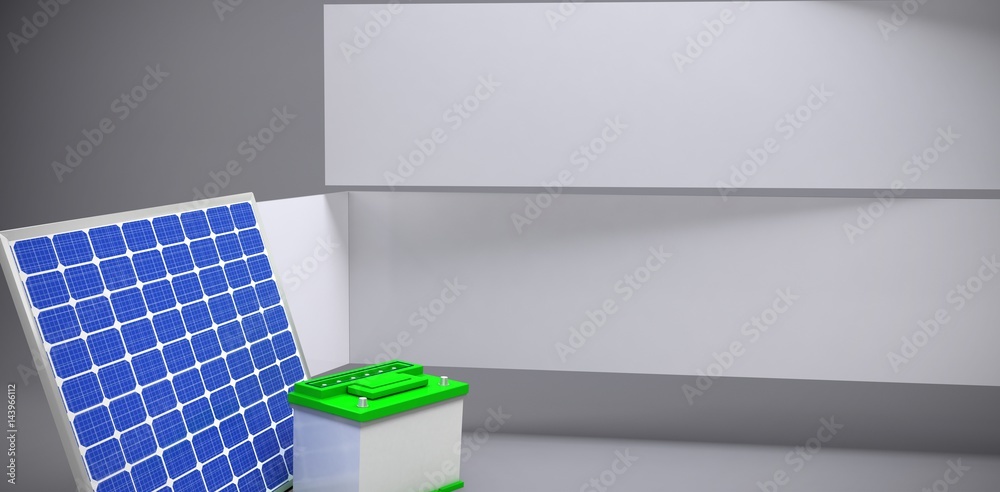 Composite image of 3d image of solar panel with battery 