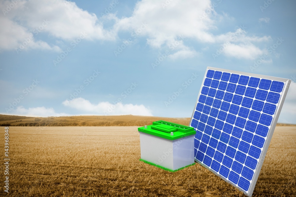 Composite image of 3d image of solar panel with battery 