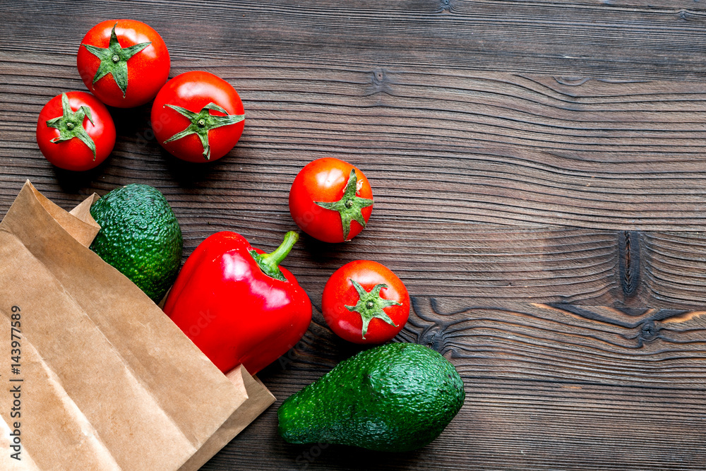 Healthy food in package on wooden table background top view mock up