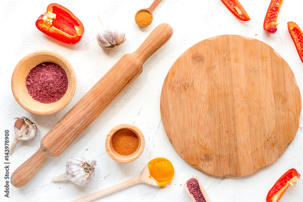 Professional kitchen with rolling-pin for cook on white background top view