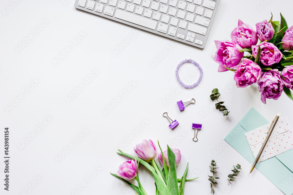 Woman office desk with flowers on white background top view mockup