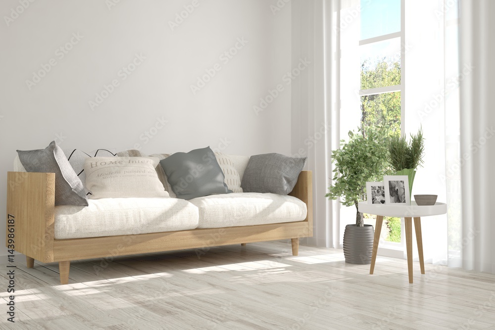 White room with sofa and green landscape in window. Scandinavian interior design. 3D illustration