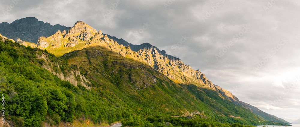 view of mountains at sunset, Queenstown, New Zealand.