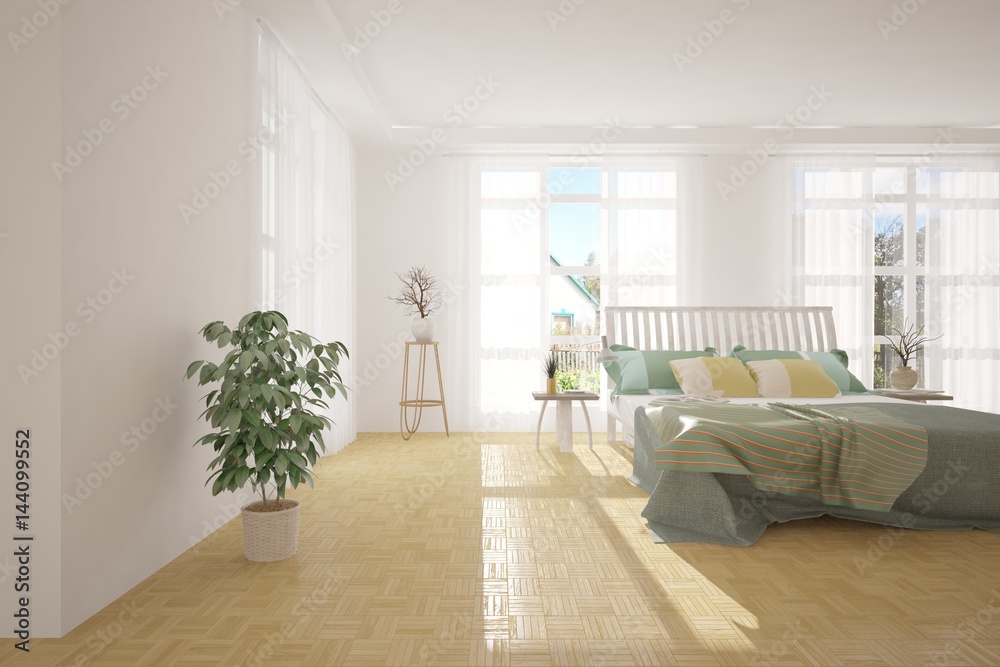 White bedroom with green landscape in window. Scandinavian interior design. 3D illustration