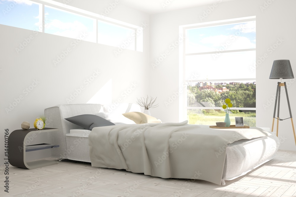 White bedroom with green landscape in window. Scandinavian interior design. 3D illustration