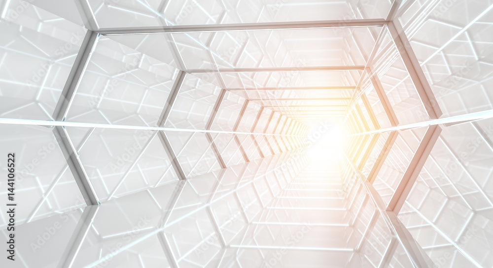 Bright futuristic spaceship corridor 3D rendering