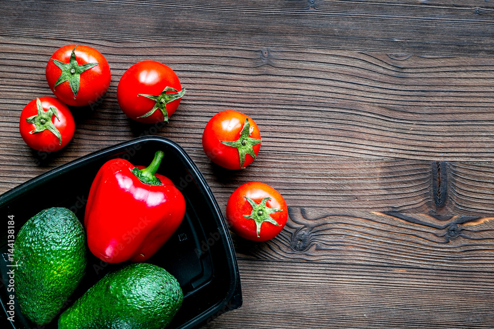 Store concept with vegetables and plastic tray table background top view mockup