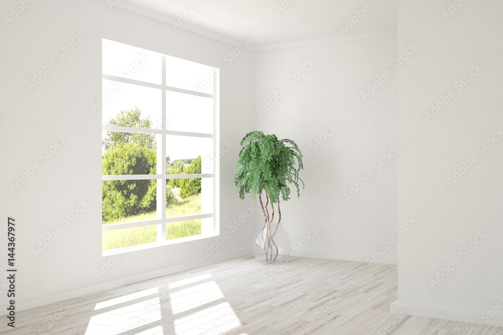 White empty room with green landscape in window. Scandinavian interior design. 3D illustration