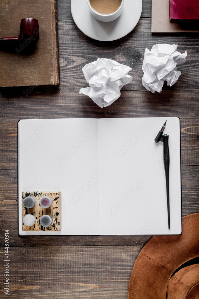 profession concept with writer tools on work desk background top view