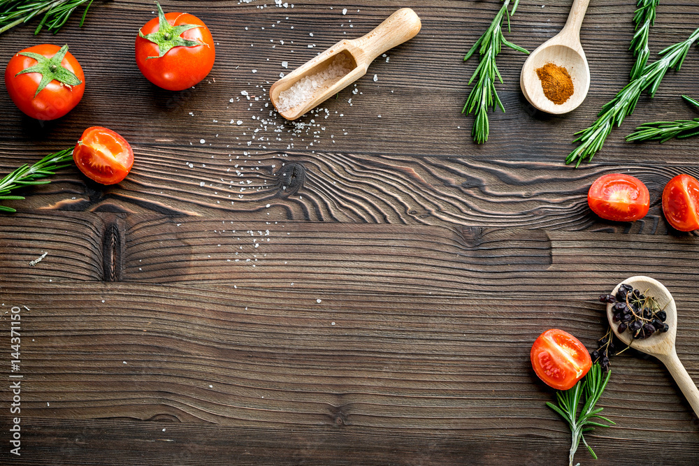 cooking with tomato and spices on wooden background top view mock-up