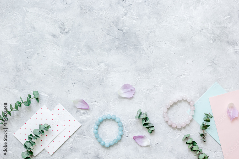 cards and envelopes in holiday concept on gray background top view mockup