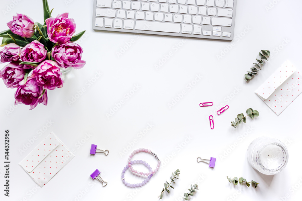 Woman office desk with flowers on white background top view mockup