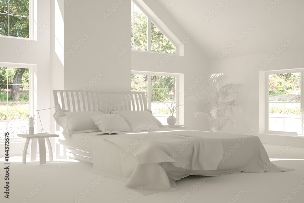 White modern bedroom with green landscape in window. Scandinavian interior design. 3D illustration