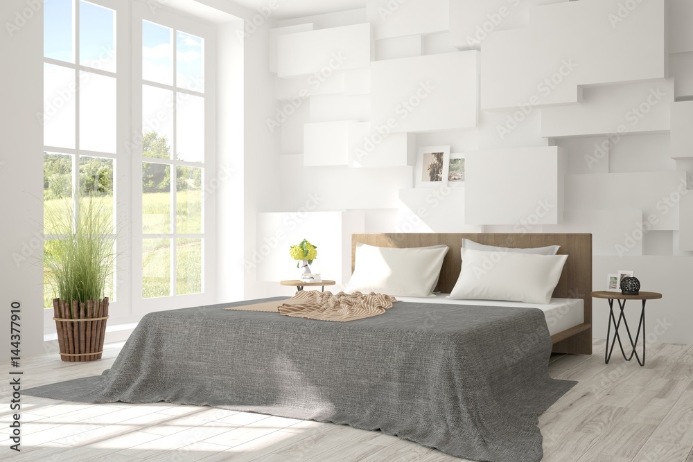 White bedroom with green landscape in window. Scandinavian interior design. 3D illustration