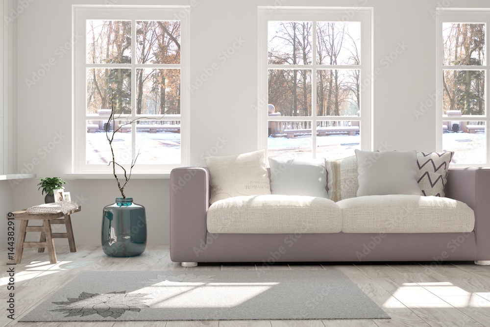 White room with sofa and winter landscape in window. Scandinavian interior design. 3D illustration