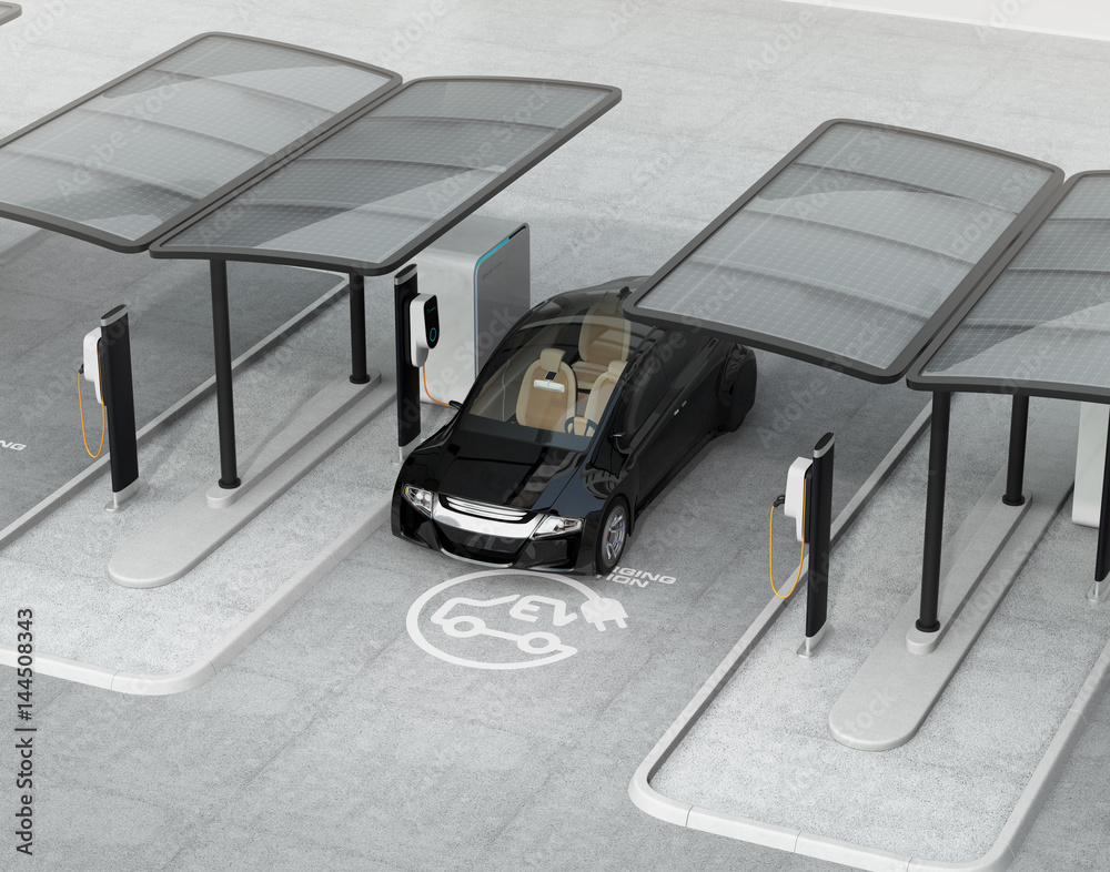 Black electric vehicle in charging station. 3D rendering image.