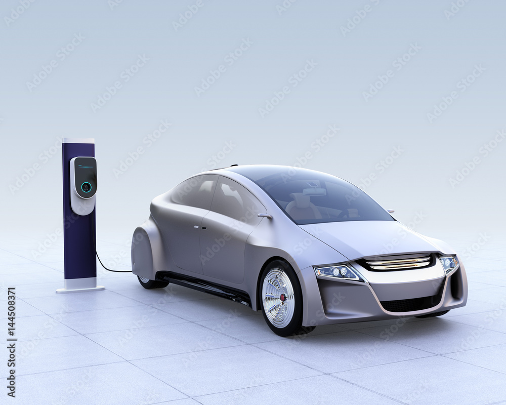 Silver electric car and EV charging station on gradient background. 3D rendering image.