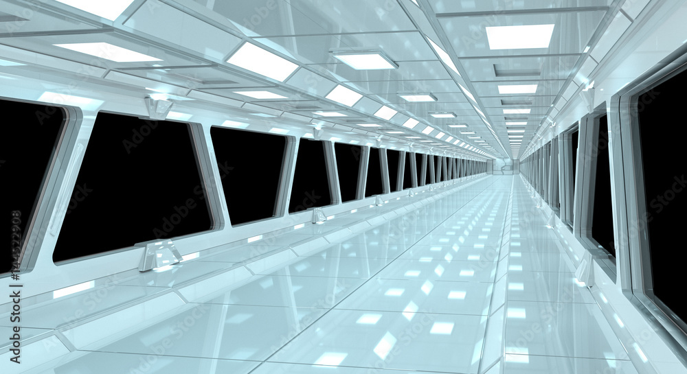 Spaceship white corridor 3D rendering