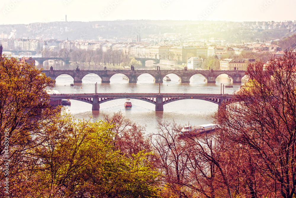 Vltava river with historical bridges in Prague