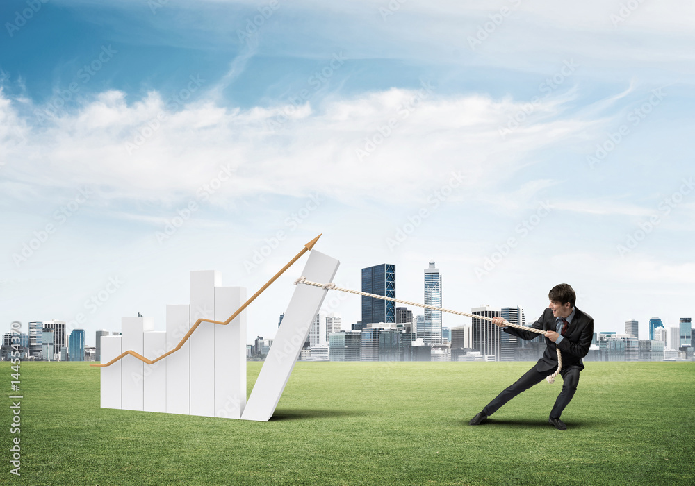 Businessman pulling graph with rope as concept of power and control